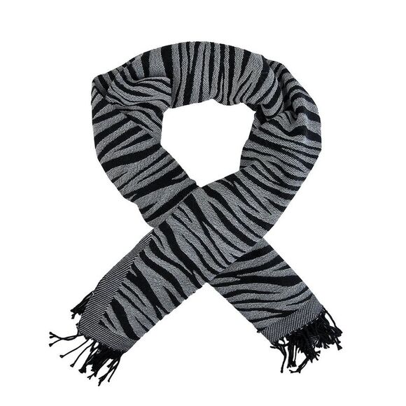 Black / White Zebra Stripe Scarf Shawl Fringed - Picture 2 of 3